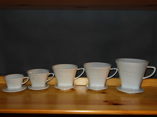Melitta Kaffeefilter mit Reliefschrift, 60er Jahre, alle 5 Grössen 100, 101, 102, 123, 103